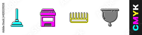 Set Rubber plunger, Antiperspirant deodorant roll, Hairbrush and Menstrual cup icon. Vector