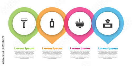 Set Shaving razor, Bottle for cleaning agent, Washbasin with water tap and Wet wipe pack. Business infographic template. Vector