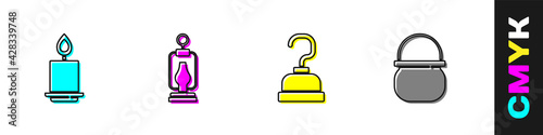 Set Burning candle, Camping lantern, Pirate hook and Halloween witch cauldron icon. Vector