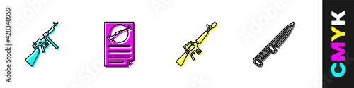 Set Tommy gun, Firearms license certificate, M16A1 rifle and Military knife icon. Vector