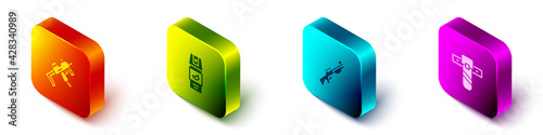 Set Isometric MP9I submachine gun, Pepper spray, Hunting and Knife holster icon. Vector