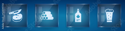 Set Steak meat and knife, Wooden logs, Tabasco sauce and Glass of beer. Square glass panels. Vector