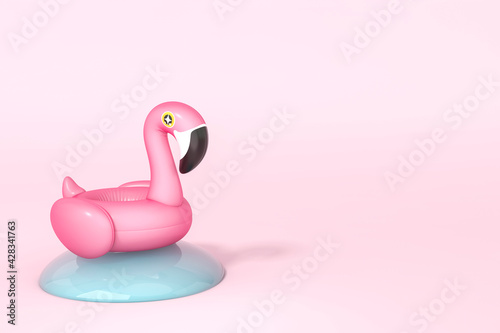 Pink Flamingo float, tropical bird shape inflatable swimming pool ring is floating on the water drop with pastel pink background 3d rendering. 3d illustration Summer minimal concept.