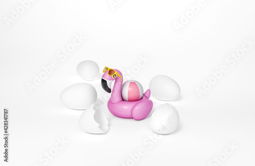 Pink Flamingo float, tropical bird shape inflatable swimming pool ring hatched from eggs on white background 3d rendering. 3d illustration Summer minimal concept.