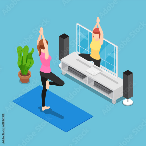 Isometric Woman Training Yoga by Follow Coach in Television
