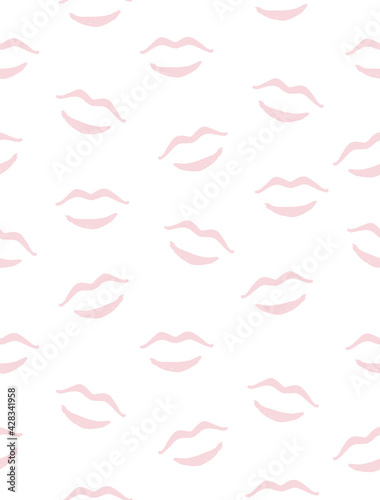 Pink Trace of Lipstick Isolated on a White Background. Pastel Pink Hand Drawn Lips Seamless Vector Pattern.  © Magdalena