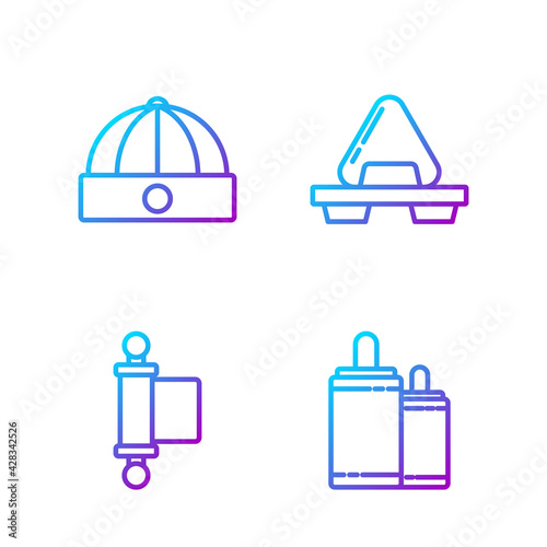 Set line Firework, Decree, paper, parchment, scroll, Chinese hat and Sushi on cutting board. Gradient color icons. Vector