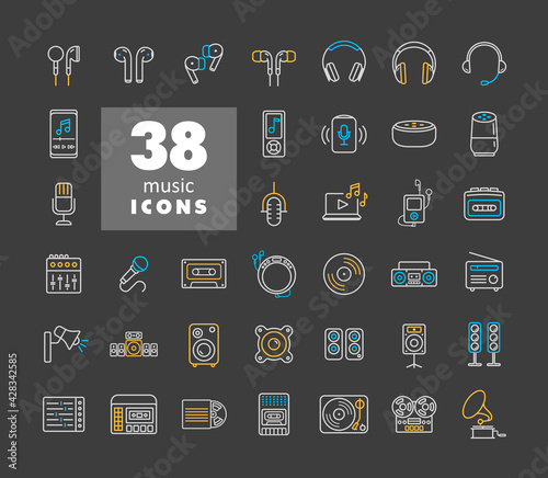 Multimedia devices and symbols icons set on dark background