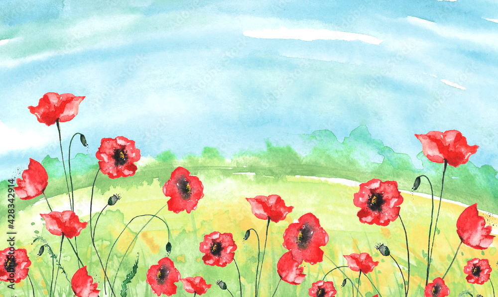 Fototapeta premium Watercolor painting, landscape of bright green grass, red poppy steppe,green, yellow flowers, plants, field, meadow against a blue sky. Logo, card for your design.Summer countryside landscape. 