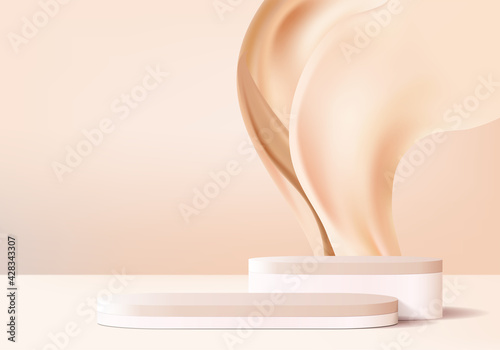 3d beige display product abstract minimal scene with liquid splash swirl on podium platform. cream fluid flow background vector render with podium. pedestal 3d beige for cosmetic products beauty.