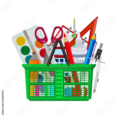 Shopping basket with stationery and office supplies isolated on white background. Cart full of education object. Purchases for study. Back to school. Education concept.Online store.Vector illustration