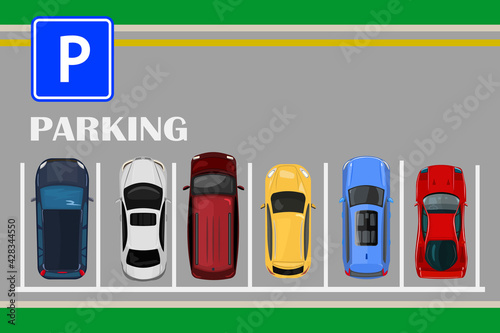 Top view of a city parking lot with a set of different cars. Public car parking zone. Urban transport, traffic concept. Colored parked cars on the parking. City transport services. Vector illustration