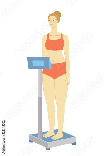 woman. scales. electronic scales. weighing. weight control. girl. stock vector illustration isolated on white background.