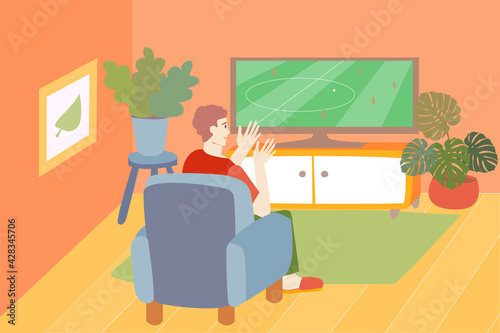 man watching tv. the guy sits on a chair and watches football. living room interior. self-isolation. stock vector illustration.