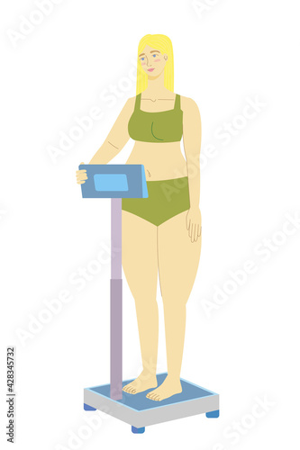 woman. scales. electronic scales. weighing. weight control. girl. stock vector illustration isolated on white .