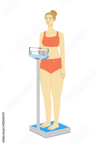 woman. scales. mechanical scales. weighing. weight control. girl. stock vector illustration isolated on white background.