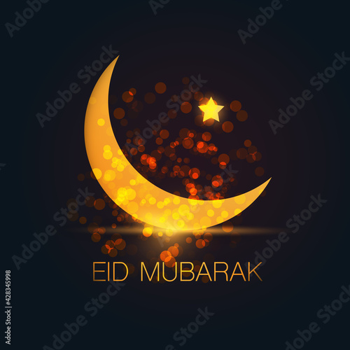 Ramadan Kareem or Eid Mubarak - Dark Greeting Card Design for Muslim Community Festival with Night Sky and  Golden Crescent Moon