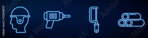 Set line Hacksaw, Worker safety helmet, Electric drill machine and Industry metallic pipe. Glowing neon icon on brick wall. Vector