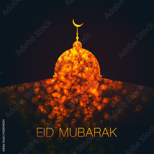 Ramadan Kareem or Eid Mubarak - Dark Greeting Card Design for Muslim Community Festival with Artistic Golden Mosque Silhouette in the Dark Night