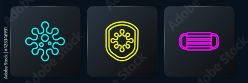 Set line Virus, Medical protective mask and Shield protecting from virus. Black square button. Vector