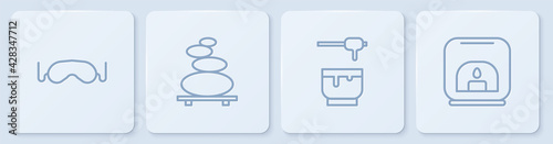 Set line Eye sleep mask, Honey dipper stick and bowl, Stack hot stones and Aroma lamp. White square button. Vector