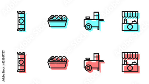 Set line Fast street food cart, Chocolate bar, Chicken nuggets in box and Street stall with awning icon. Vector