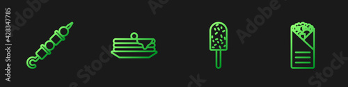 Set line Ice cream, Grilled shish kebab, Stack of pancakes and Doner. Gradient color icons. Vector