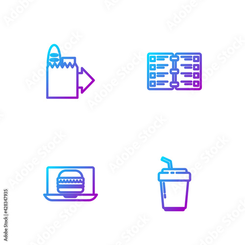 Set line Coffee cup to go, Online ordering burger delivery, and and Restaurant cafe menu. Gradient color icons. Vector
