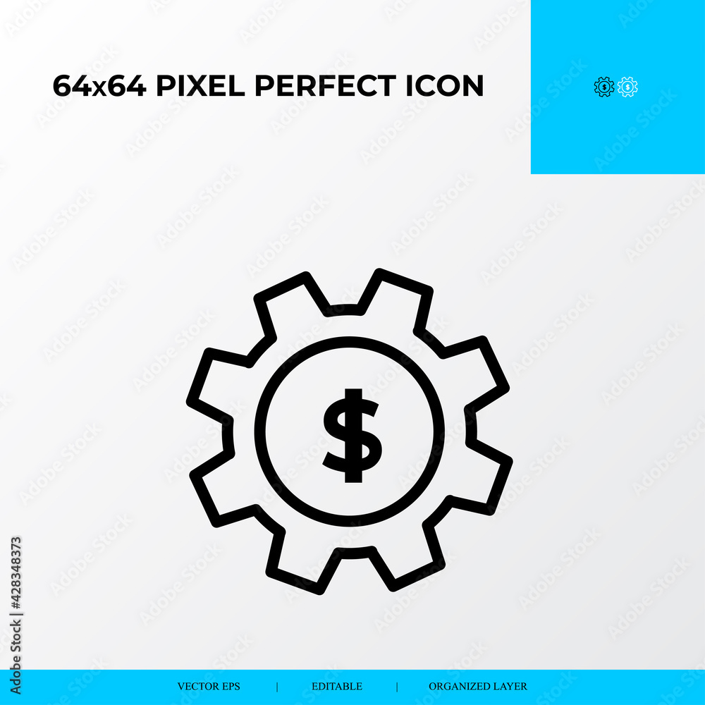 gear with dollar vector line icon style. Financial Process concept icon. 64x64 Pixel perfect gear with dollar vector line icon style. Financial Process concept icon. 64x64 Pixel perfect