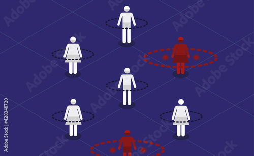 Social Distancing or Physical Distancing. People keeping distance for infection risk and disease prevention Of Corona Virus. Social Distancing Isometric Concept. Dark Blue Background