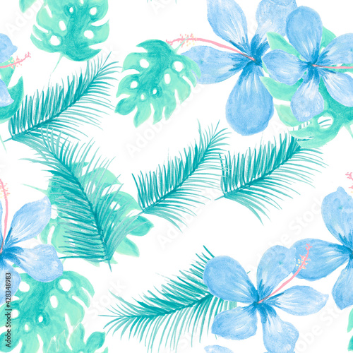 Navy Seamless Background. Gray Pattern Botanical. Cobalt Tropical Botanical. White Wallpaper Hibiscus. Blue Drawing Illustration. Indigo Decoration Vintage. Monstera Leaves. © Surendra