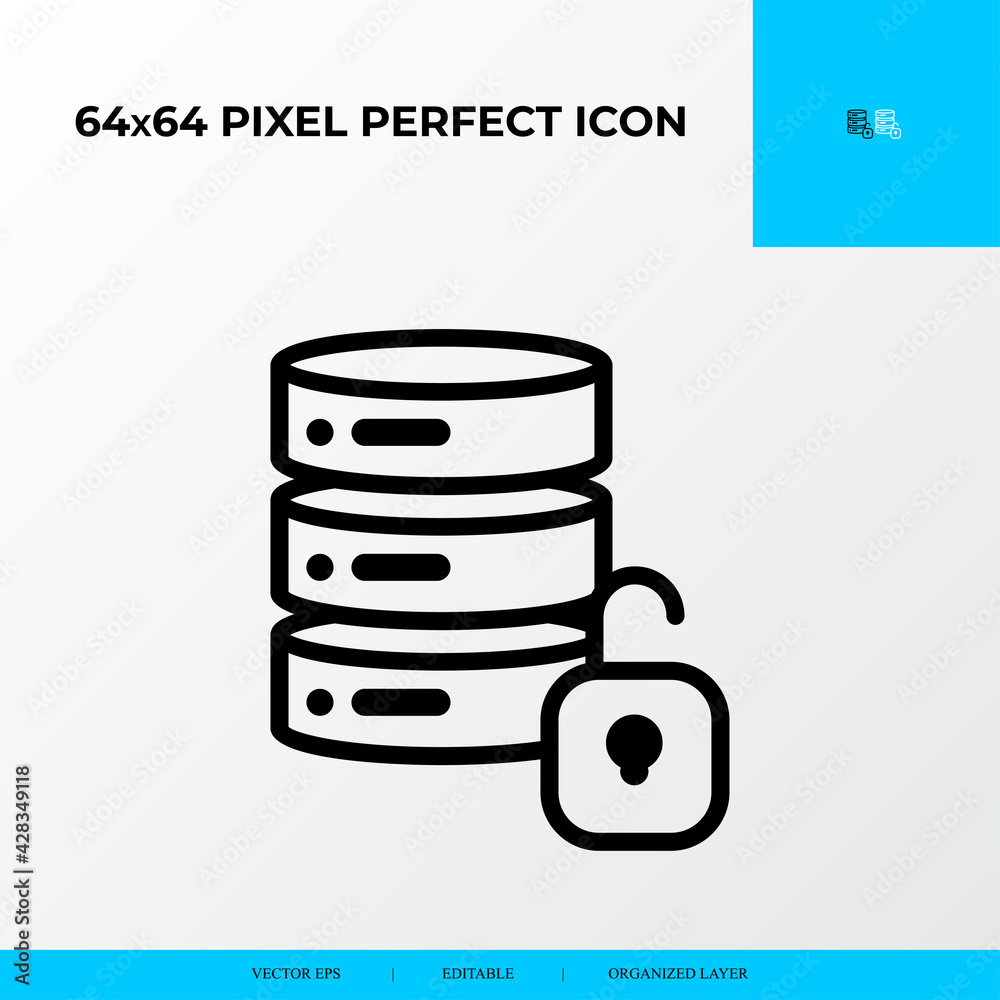 Big data Unlocked vector line icon style. security and private file icon. 64x64 Pixel perfect Big data Unlocked vector line icon style. security and private file icon. 64x64 Pixel perfect