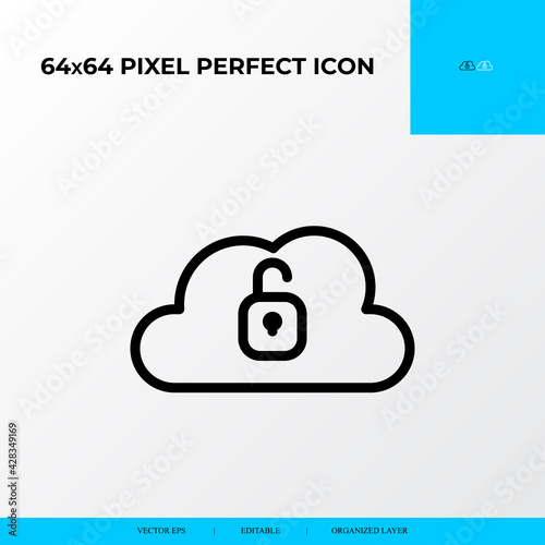 Cloud unlocked vector line icon style. security and private file icon. 64x64 Pixel perfect