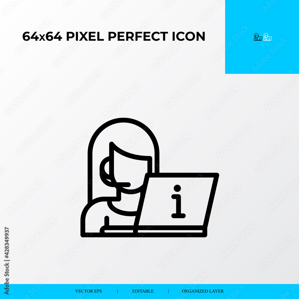 customer service and info center vector line icon style. Woman with headphone and laptop. 64x64 Pixel perfect customer service and info center vector line icon style. Woman with headphone and laptop. 64x64 Pixel perfect