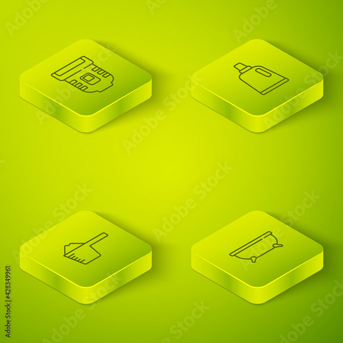 Set Isometric Bottle for cleaning agent, Washing powder, Bathtub and Epilator icon. Vector