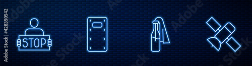 Set line Cocktail molotov, Stop war, Military assault shield and Satellite. Glowing neon icon on brick wall. Vector