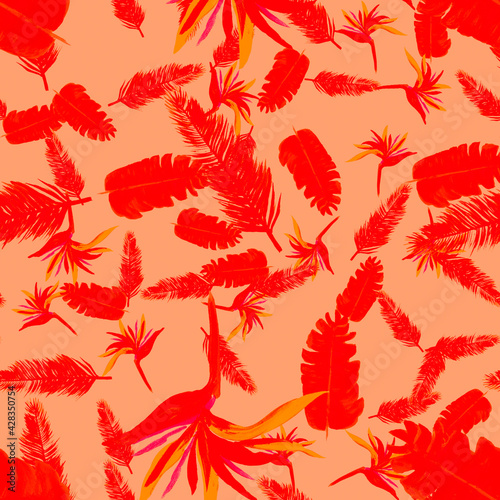 Red Pattern Art. Scarlet Tropical Foliage. Coral Floral Leaf. Ruby Drawing Textile. Pink Fashion Illustration. Spring Hibiscus. Garden Leaves. Flora Painting.