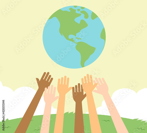 Various races raising their hands vector illustration (anti racism )