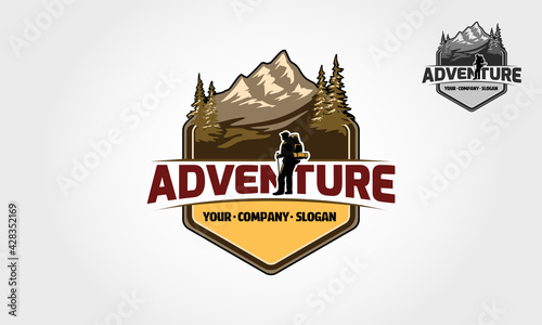 Adventure Vector Logo Template. This camping in the mountain logo template it will be perfect as main identity element for travel agencies, websites about mountains and hiking, wild life and tourism. 