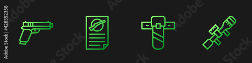Set line Knife holster, Pistol or gun, Firearms license certificate and Sniper optical sight. Gradient color icons. Vector