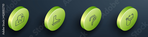 Set Isometric line Tooth with caries, Flat foot, Gut constipation and Stethoscope icon. Vector