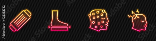 Set line Psoriasis or eczema rash, Medical protective mask, Flat foot and Man having headache. Glowing neon icon. Vector