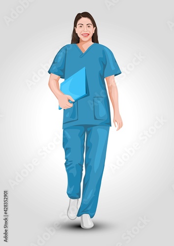a female nurse in a blue uniform walking and holding a file isolated on white background. vector illustration design
