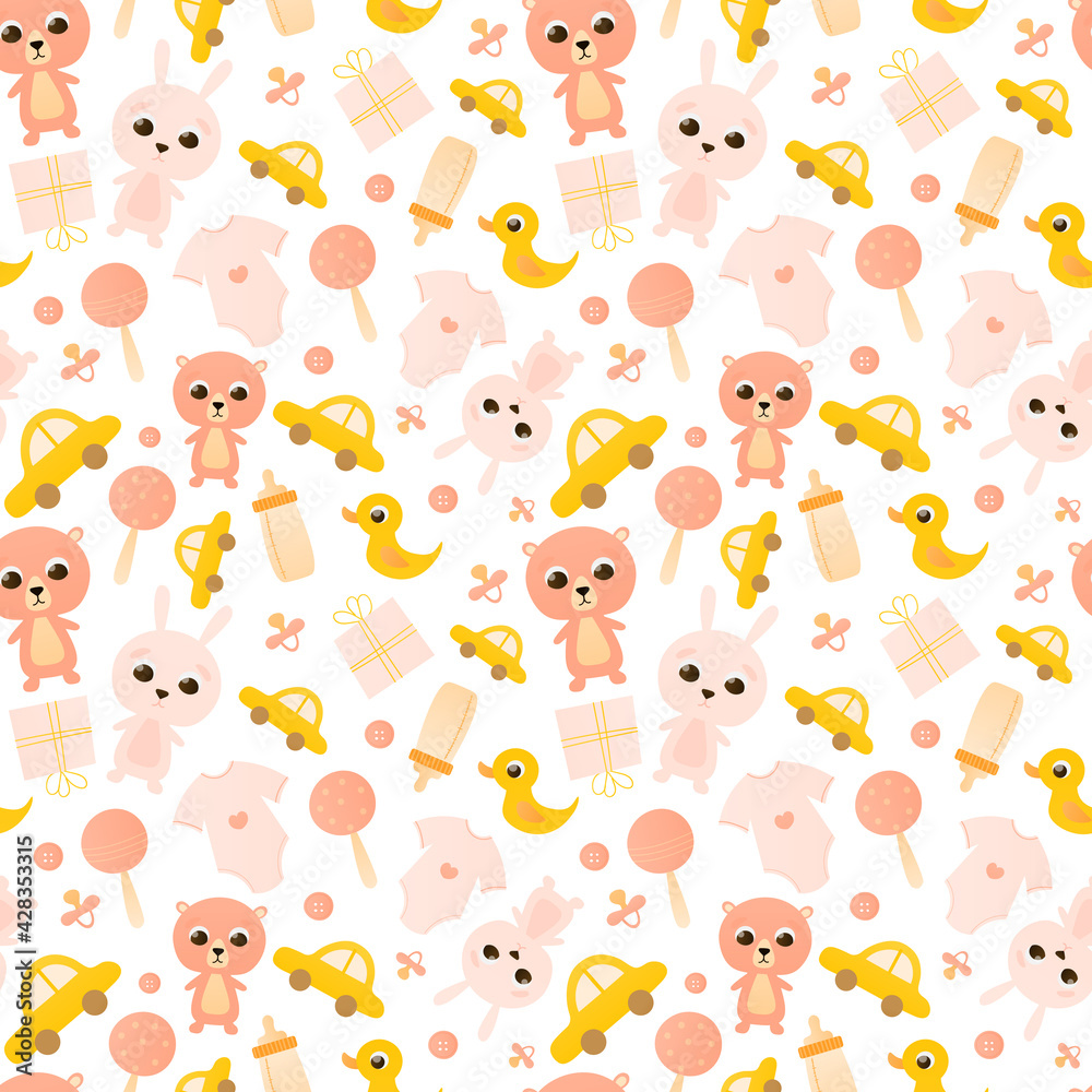 Baby shower seamless patern with related infant conceept with pink teddy, bunny toys and todller clothes Baby shower seamless patern with related infant conceept with pink teddy, bunny toys and todller clothes