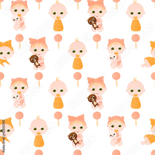 Seamless pattern with cute infant characters and rattles on white background in cartoon style for wrapping paper