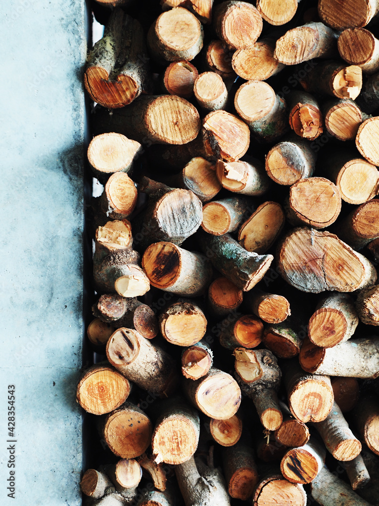 firewood on wall spare for winter and for kitchen work
