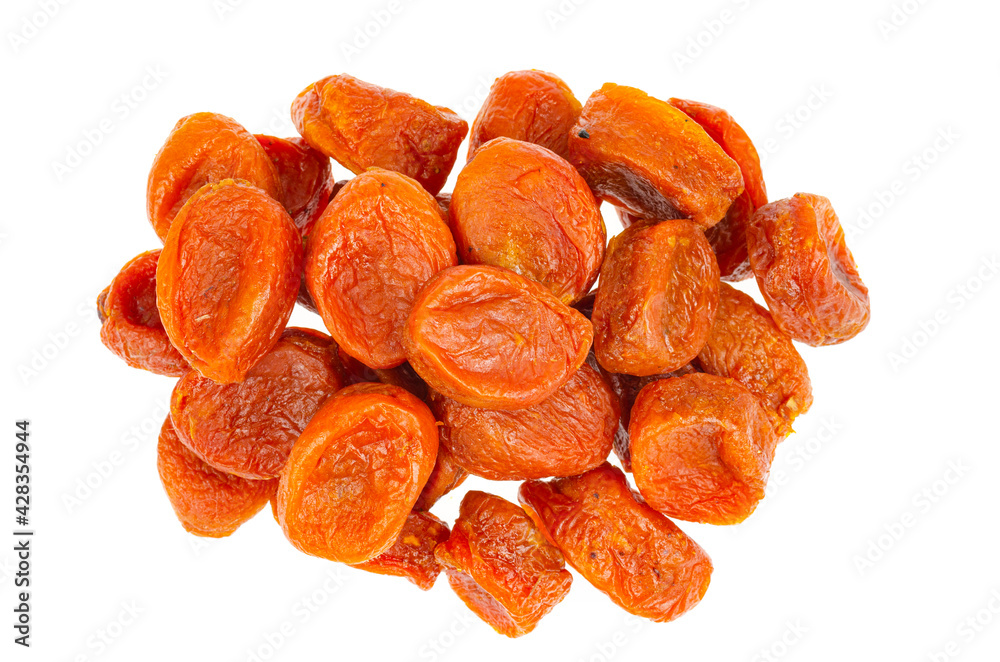 Orange fruits of dried apricot on white background. Orange fruits of dried apricot on white background.