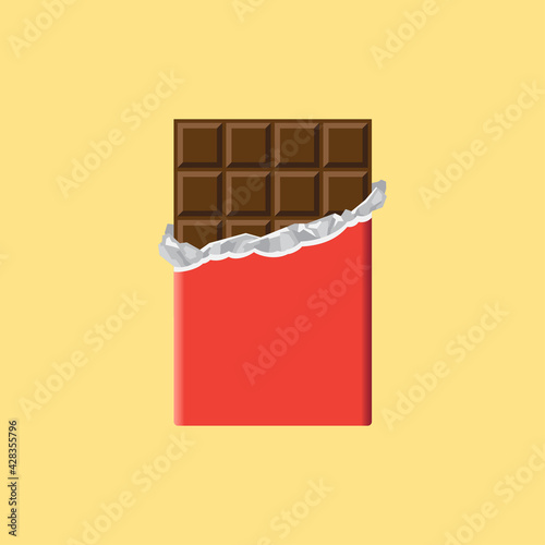 Chocolate bar in opened red wrapped and foil icon, Dessert symbol, Minimal flat design, Vector illustration