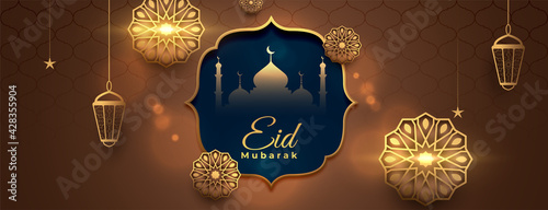 realistic eid mubarak holiday banner with islamic decoration
