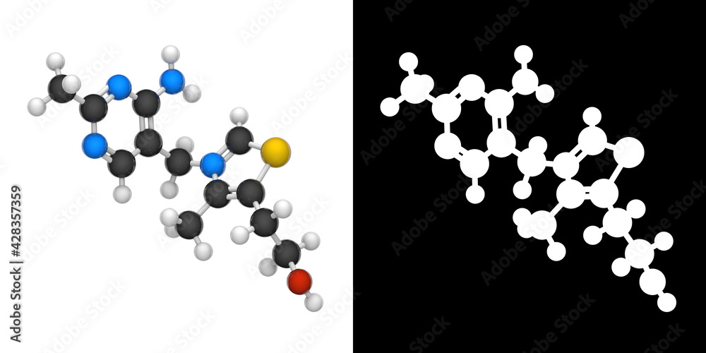 Vitamin B1(Thiamine or aneurine). 3D illustration. Chemical structure model: Ball and Stick. RGB + Alpha(Transparent) channel.